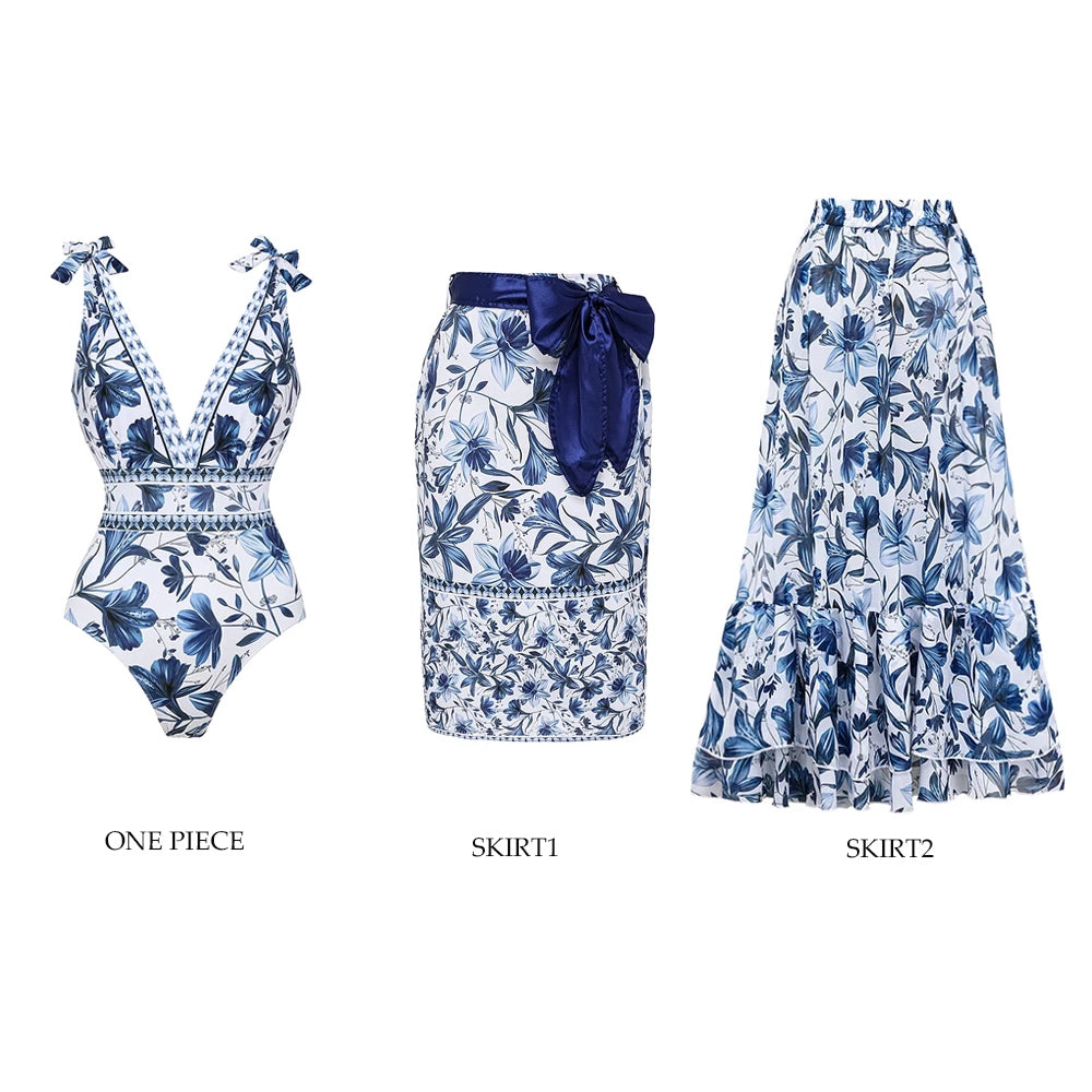Quick-Dry V Neck Swimsuit with Skirt
