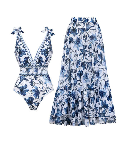 Quick-Dry V Neck Swimsuit with Skirt