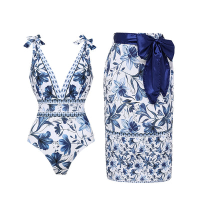 Quick-Dry V Neck Swimsuit with Skirt